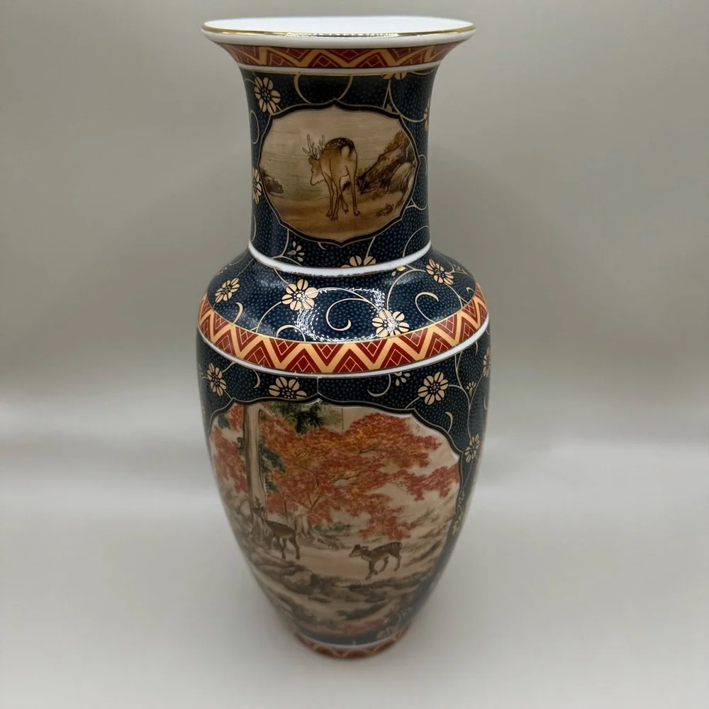 Japanese Style Fall Deer Blue Porcelain Decorative Ceramic Vase 10” Tall